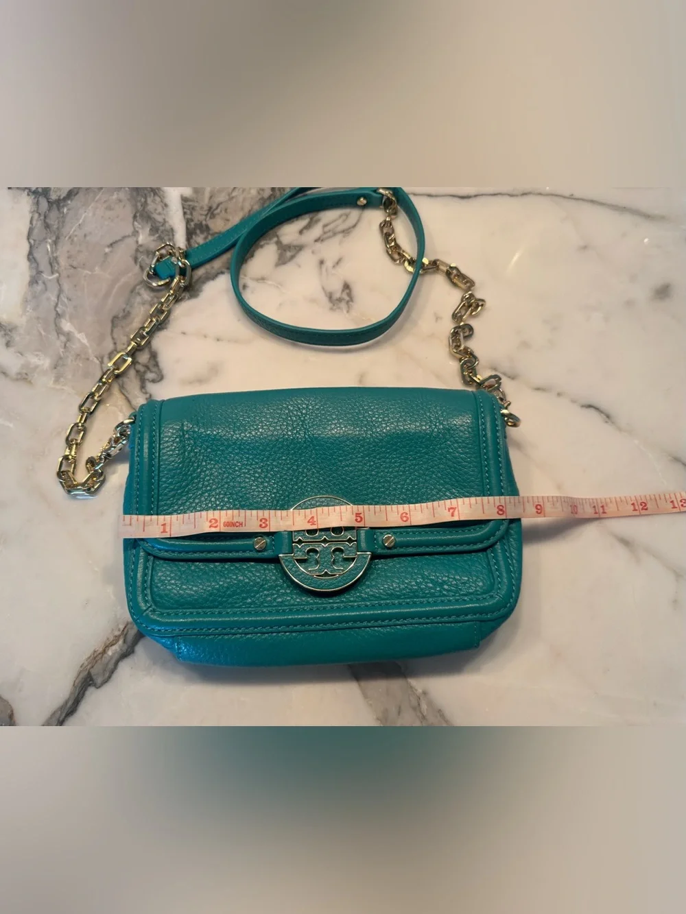 Tory Burch Turquoise Pebbled Leather Chain Strap Crossbody